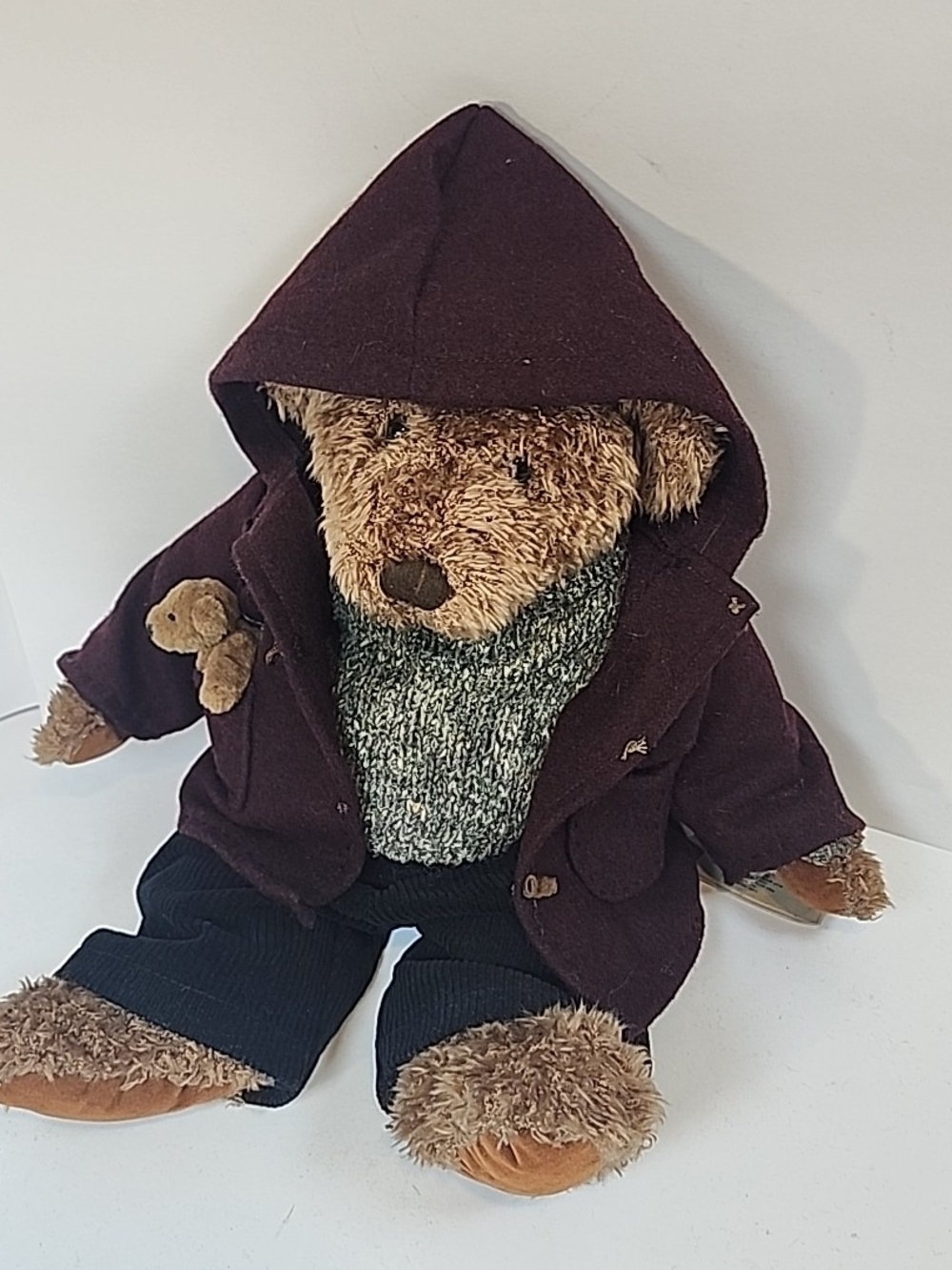 Russ Berrie Teddy Bear in Burgundy Hooded Coat and Gray Sweater